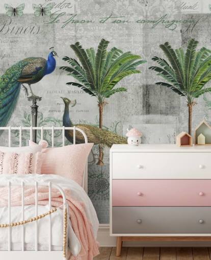 two peacocks in tropical setting wallpaper