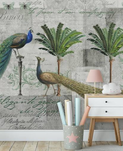 two peacocks in tropical setting wallpaper
