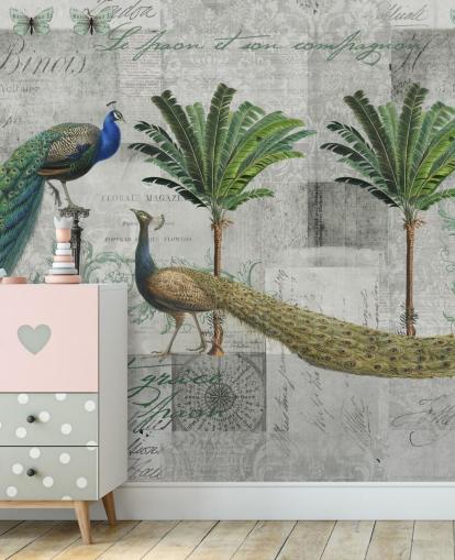 two peacocks in tropical setting wallpaper