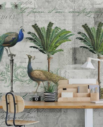 two peacocks in tropical setting wallpaper