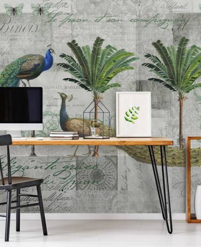 two peacocks in tropical setting wallpaper