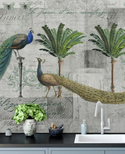 deux paons dans un décor tropical papier peint