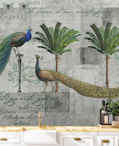 two peacocks in tropical setting wallpaper