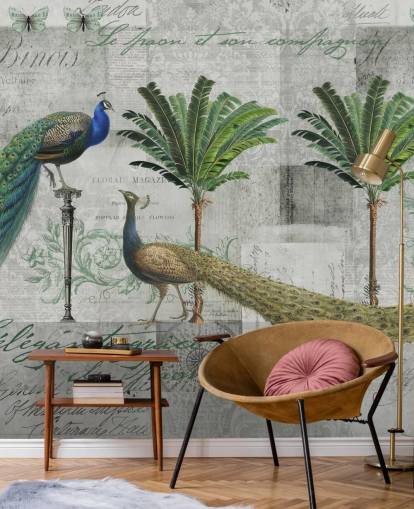 deux paons dans un décor tropical papier peint