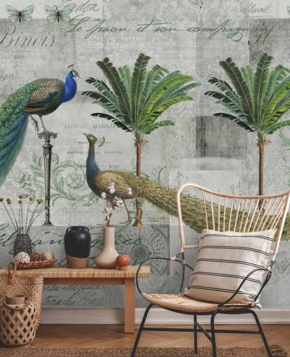two peacocks in tropical setting wallpaper