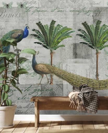 two peacocks in tropical setting wallpaper