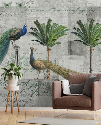 two peacocks in tropical setting wallpaper