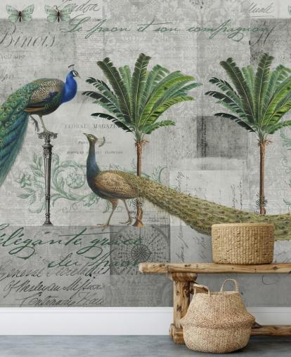 twee pauwen in tropische setting behang