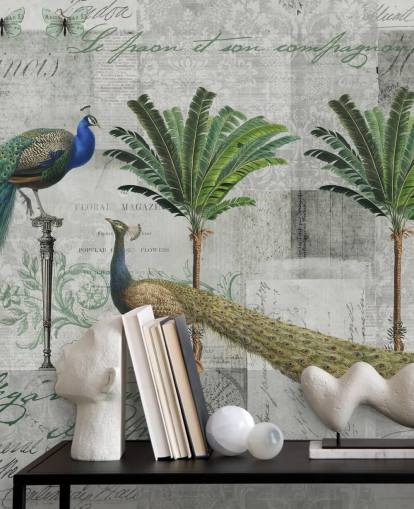 two peacocks in tropical setting wallpaper