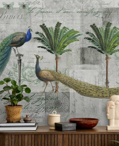 dois pavões em cenário tropical papel de parede