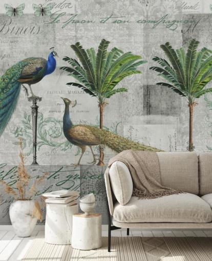 twee pauwen in tropische setting behang