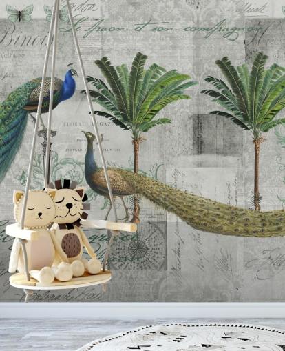 two peacocks in tropical setting wallpaper