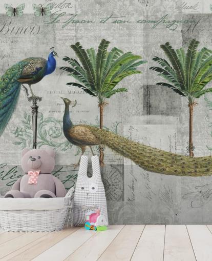 twee pauwen in tropische setting behang