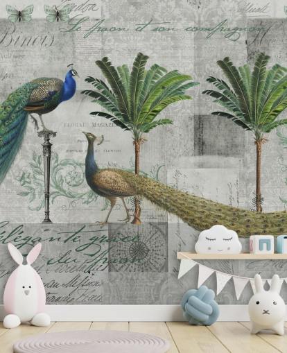 two peacocks in tropical setting wallpaper