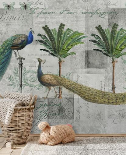 twee pauwen in tropische setting behang