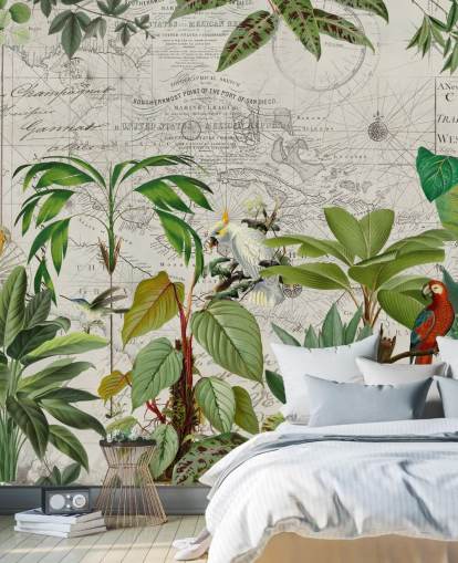 vintage stijl illustratie van kleurrijke vogels in jungle behang vintage stijl illustratie van kleurrijke vogels in jungle behang