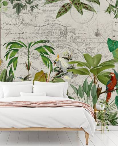 vintage style illustration of colourful birds in jungle wallpaper