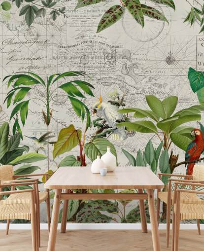 vintage style illustration of colourful birds in jungle wallpaper