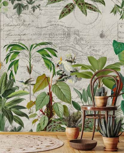 vintage style illustration of colourful birds in jungle wallpaper
