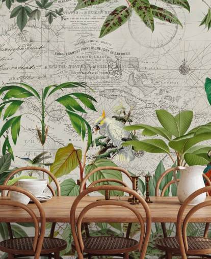 ilustración de estilo vintage de pájaros coloridos en papel tapiz de la selva