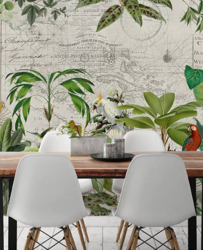 vintage stil illustration af farverige fugle i jungle tapet