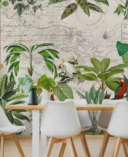 vintage stijl illustratie van kleurrijke vogels in jungle behang