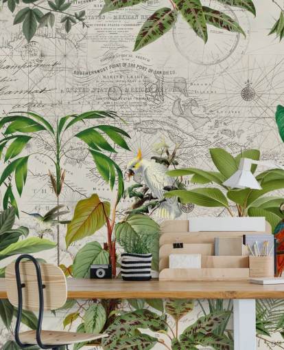 vintage stil illustration af farverige fugle i jungle tapet