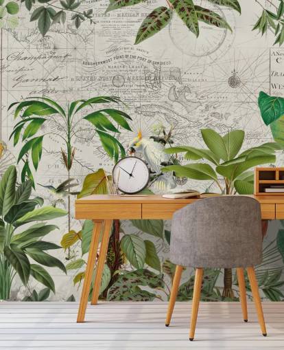 vintage stijl illustratie van kleurrijke vogels in jungle behang