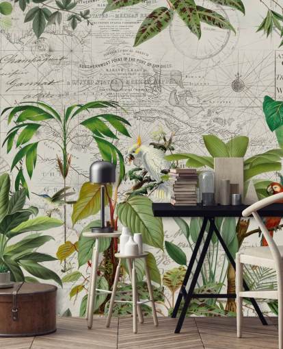 vintage style illustration of colourful birds in jungle wallpaper