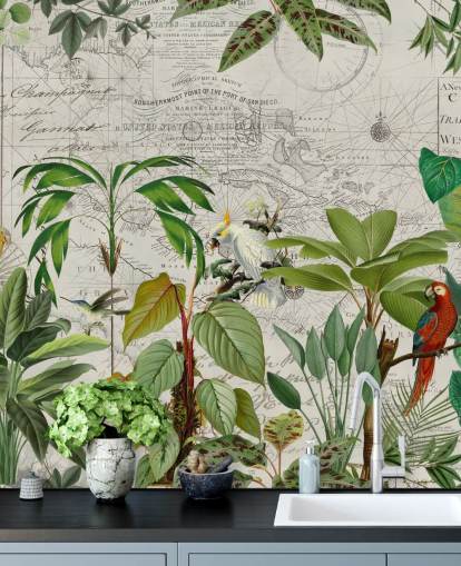 ilustração de estilo vintage de pássaros coloridos no papel de parede da selva