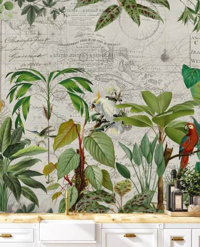 vintage style illustration of colourful birds in jungle wallpaper