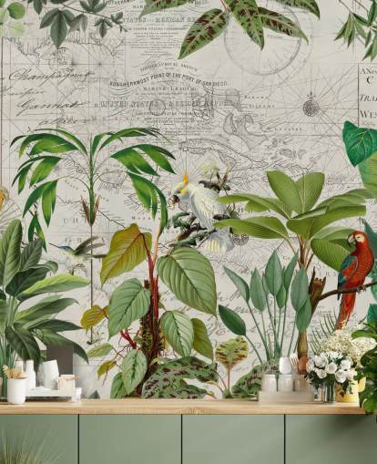 illustration de style vintage d'oiseaux colorés dans le papier peint de la jungle