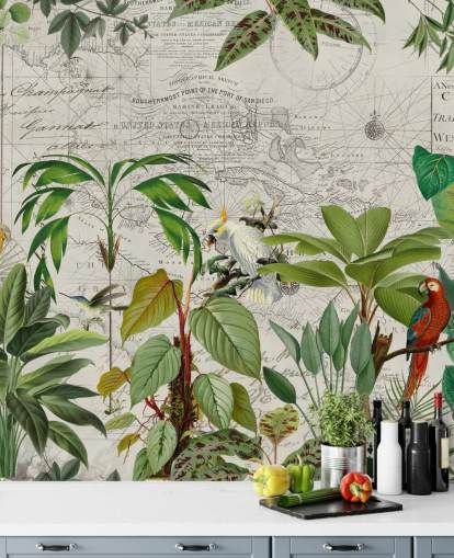 vintage stijl illustratie van kleurrijke vogels in jungle behang vintage stijl illustratie van kleurrijke vogels in jungle behang