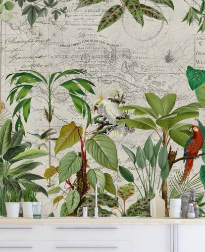 vintage stijl illustratie van kleurrijke vogels in jungle behang
