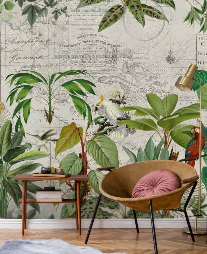 vintage style illustration of colourful birds in jungle wallpaper
