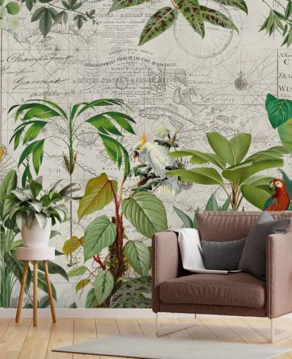 illustration de style vintage d'oiseaux colorés dans le papier peint de la jungle