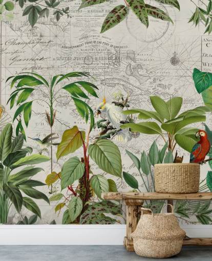 illustrazione di stile vintage di uccelli colorati in carta da parati giungla