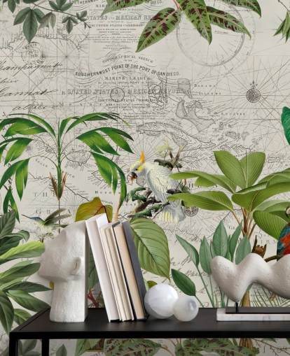 vintage style illustration of colourful birds in jungle wallpaper