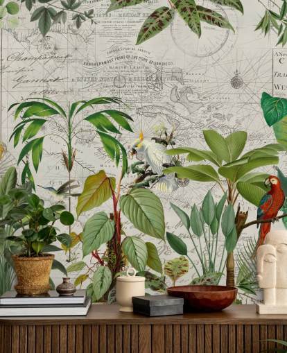 vintage stijl illustratie van kleurrijke vogels in jungle behang vintage stijl illustratie van kleurrijke vogels in jungle behang