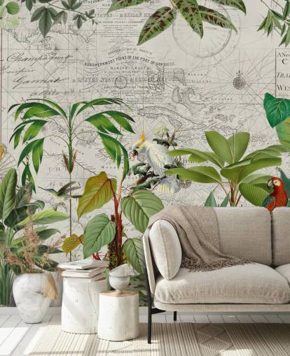 vintage stijl illustratie van kleurrijke vogels in jungle behang vintage stijl illustratie van kleurrijke vogels in jungle behang