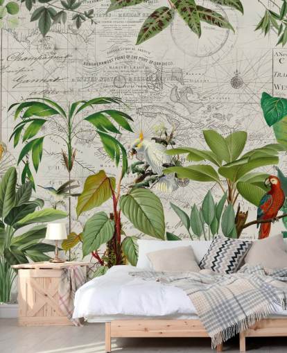 vintage stil illustration af farverige fugle i jungle tapet vintage stil illustration af farverige fugle i jungle tapet