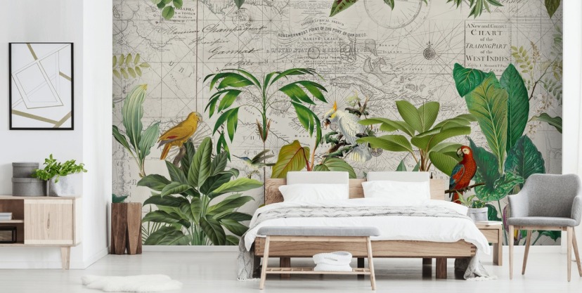 vintage style illustration of colourful birds in jungle wallpaper