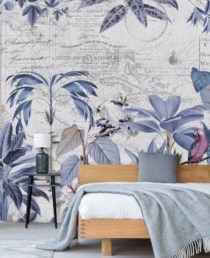 papel pintado de selva azul y pájaros exóticos