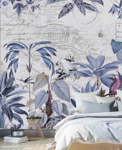 papel pintado de selva azul y pájaros exóticos papel pintado de selva azul y pájaros exóticos
