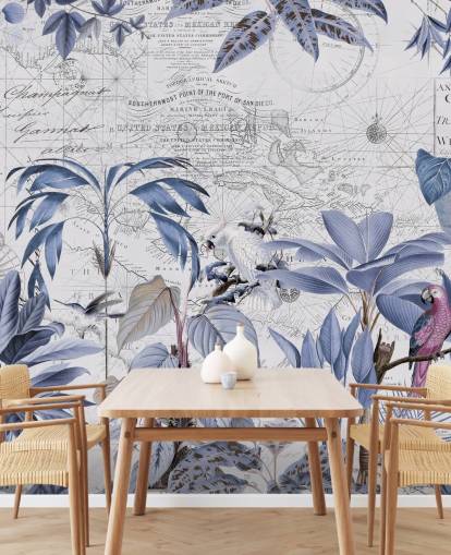 papel pintado de selva azul y pájaros exóticos
