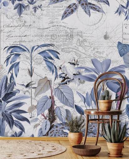 blauwe jungle en exotische vogels behang