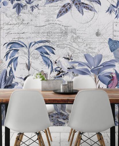 papel pintado de selva azul y pájaros exóticos