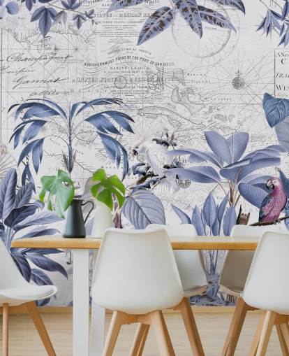 selva azul e pássaros exóticos papel de parede