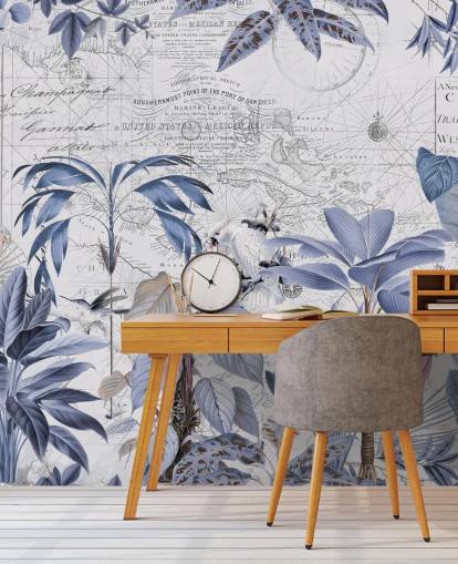 papier peint jungle bleue et oiseaux exotiques