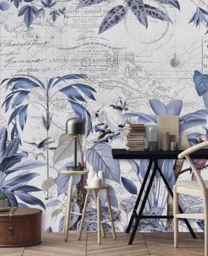 papier peint jungle bleue et oiseaux exotiques